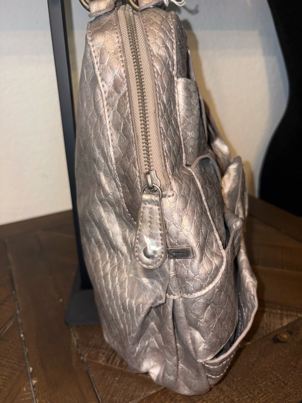 Jessica Simpson Metallic Croc Embossed Bow Satchel Tote Bag - Picture 3 of 13